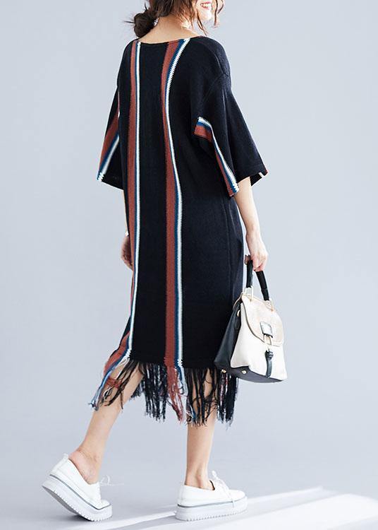 Black V Neck Cotton Tunics for Tassel Traveling Summer Dress