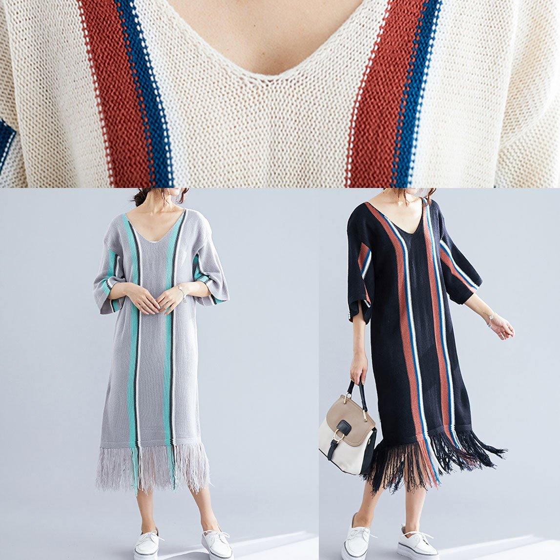 Black V Neck Cotton Tunics for Tassel Traveling Summer Dress