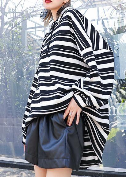 Black White Striped Knit Tops Clothing Lapel Baggy Knit Sweat Tops