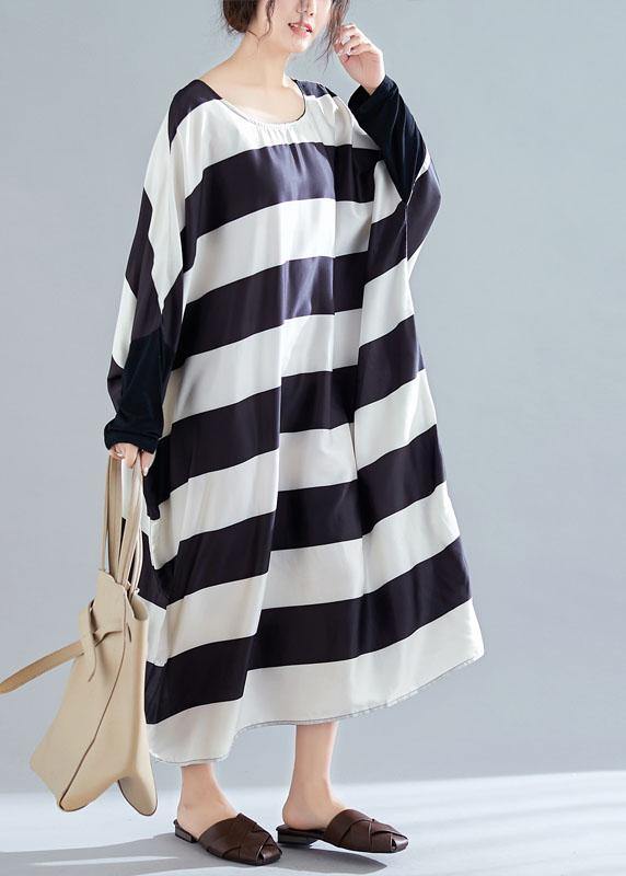 Black White Striped Quilting Clothes Batwing Sleeve O Neck Long Summer Dresses
