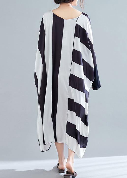 Black White Striped Quilting Clothes Batwing Sleeve O Neck Long Summer Dresses