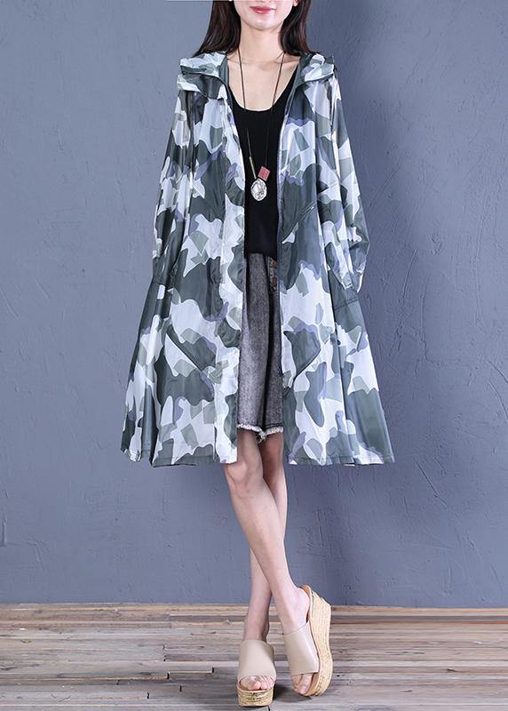 Blackish Green Print Fine Coat Pattern Hooded Zippered Outwears