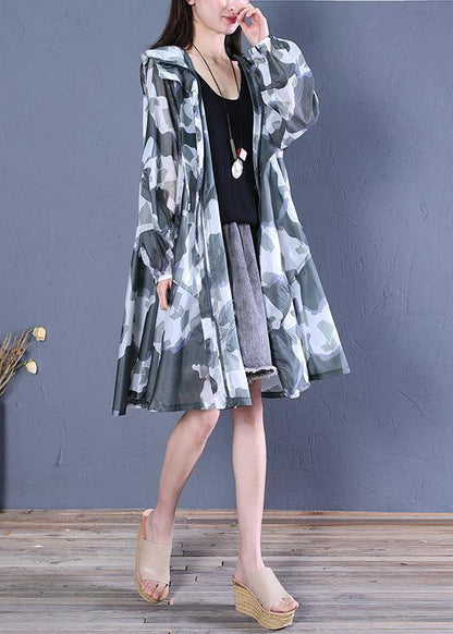 Blackish Green Print Fine Coat Pattern Hooded Zippered Outwears