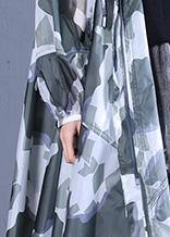Blackish Green Print Fine Coat Pattern Hooded Zippered Outwears