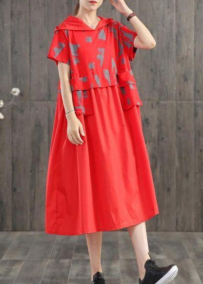 Blended Long Shirts Loose Literary Graffiti Print Hooded Dress
