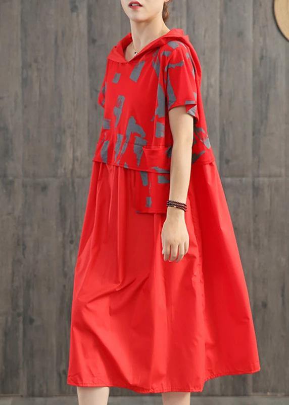 Blended Long Shirts Loose Literary Graffiti Print Hooded Dress
