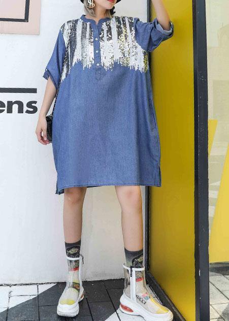 Blue Cotton Dresses Side Open Midi Fall Dresses