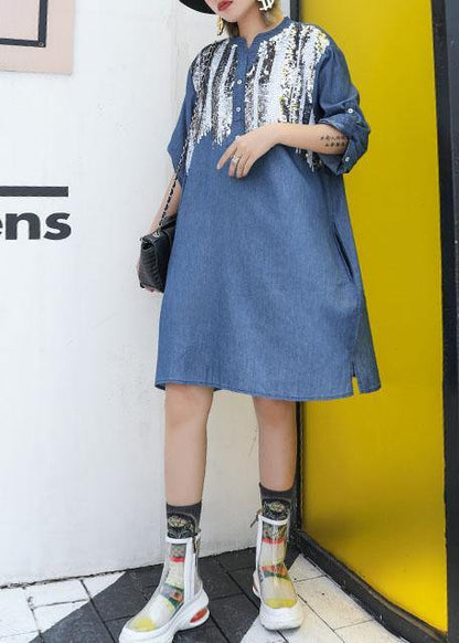 Blue Cotton Dresses Side Open Midi Fall Dresses