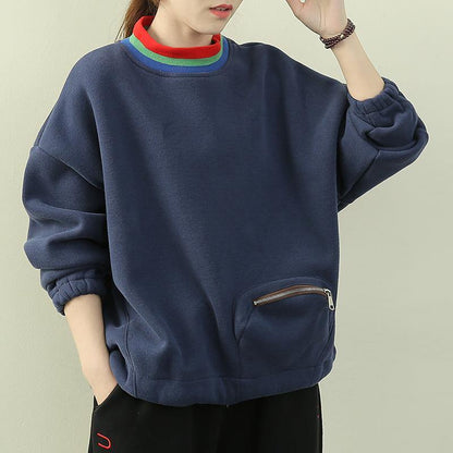 Women blue Shirts Inspiration high neck patchwork zippered shirt