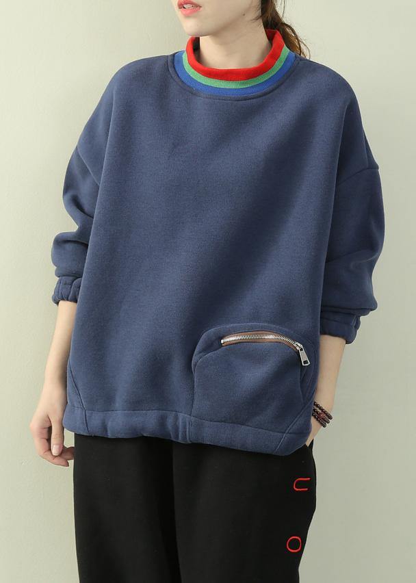 Women blue Shirts Inspiration high neck patchwork zippered shirt
