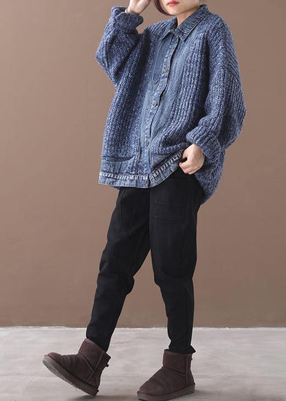 Blue Sweater Blouse Lapel Collar Oversize Patchwork Sweaters
