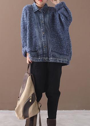Blue Sweater Blouse Lapel Collar Oversize Patchwork Sweaters