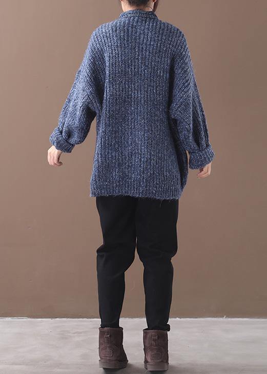 Blue Sweater Blouse Lapel Collar Oversize Patchwork Sweaters