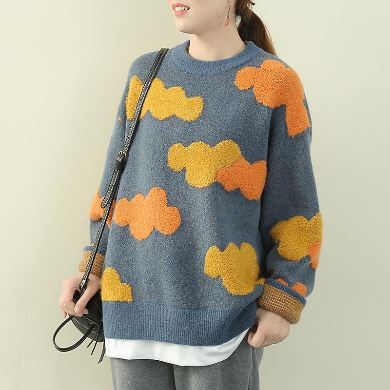 Blue Cloud Knit Sweaters O Neck False Two Pieces Knitted Pullover