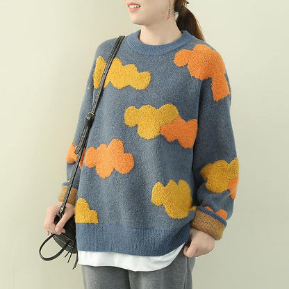 Blue Cloud Knit Sweaters O Neck False Two Pieces Knitted Pullover