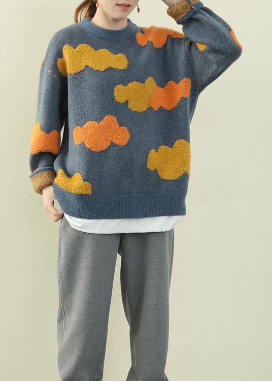 Blue Cloud Knit Sweaters O Neck False Two Pieces Knitted Pullover
