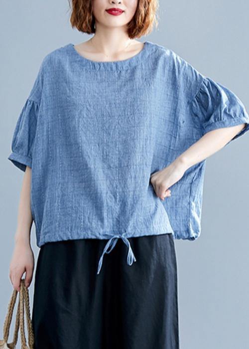 Blue Cotton Tunics for O Neck Drawstring Dresses Blouses