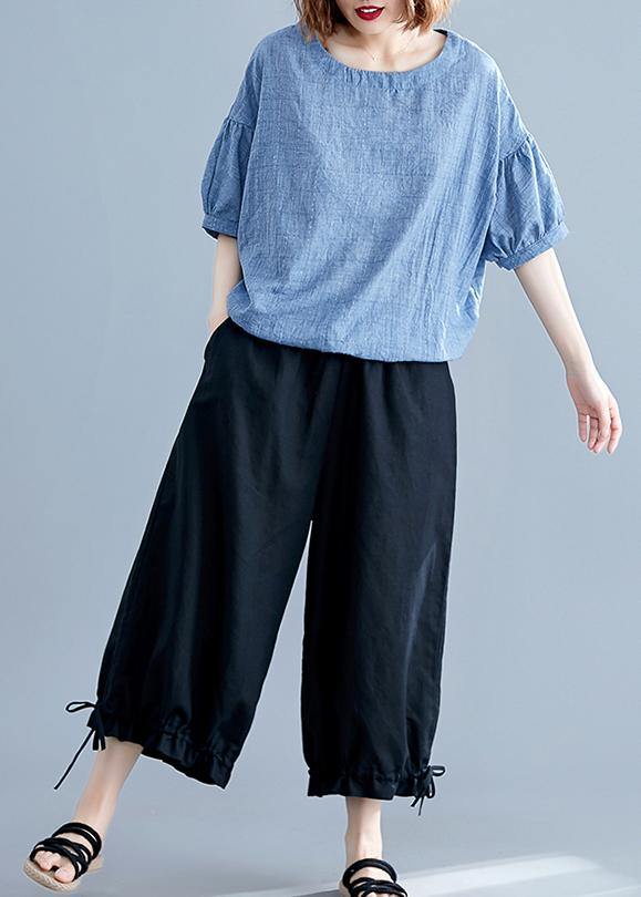 Blue Cotton Tunics for O Neck Drawstring Dresses Blouses