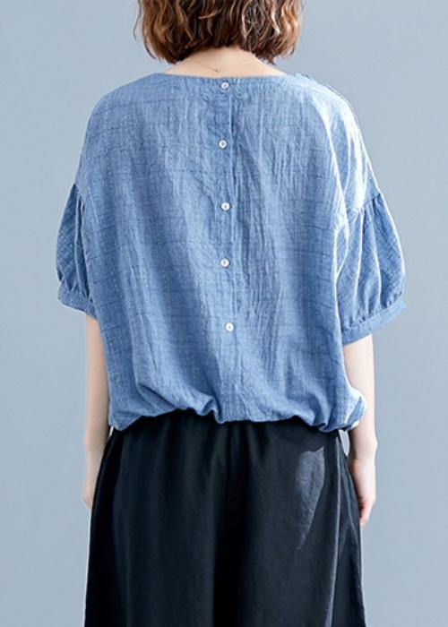 Blue Cotton Tunics for O Neck Drawstring Dresses Blouses