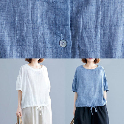 Blue Cotton Tunics for O Neck Drawstring Dresses Blouses