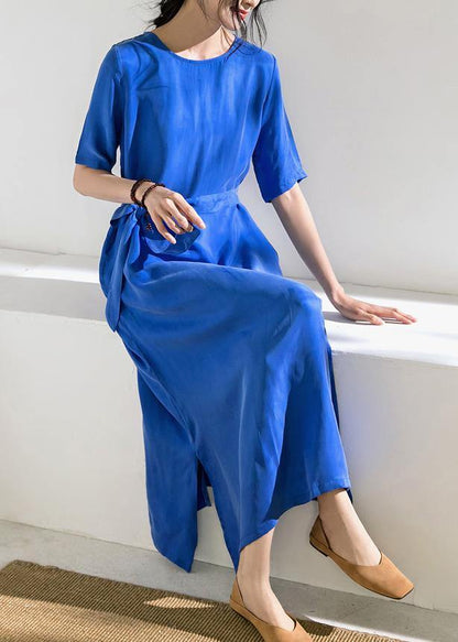 Blue Cotton Tunics for O Neck Tie Waist a Line Summer Dress