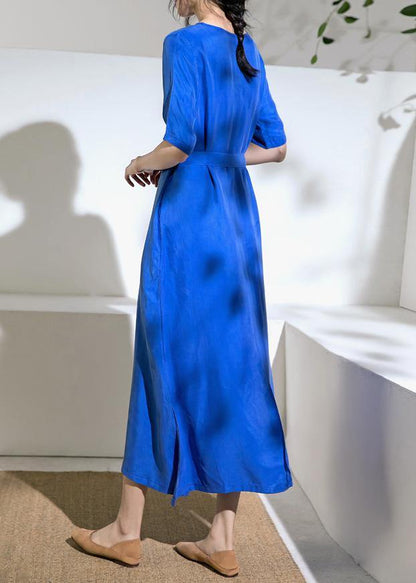 Blue Cotton Tunics for O Neck Tie Waist a Line Summer Dress