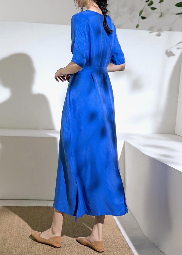 Blue Cotton Tunics for O Neck Tie Waist a Line Summer Dress