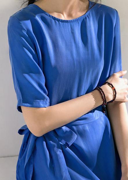 Blue Cotton Tunics for O Neck Tie Waist a Line Summer Dress