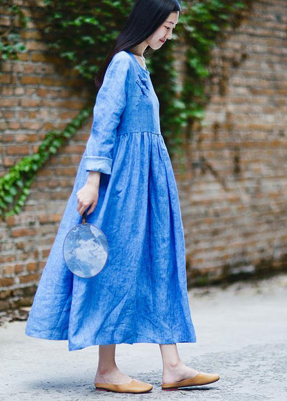 Blue Dresses O Neck Cinched Long Fall Dresses