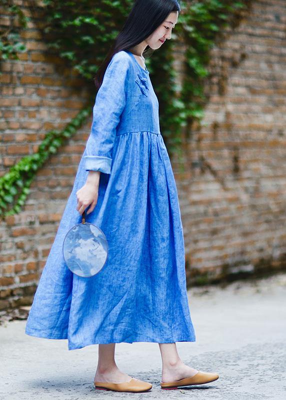 Blue Dresses O Neck Cinched Long Fall Dresses