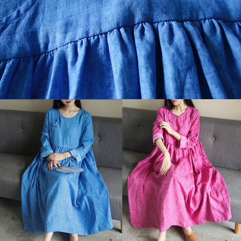 Blue Dresses O Neck Cinched Long Fall Dresses