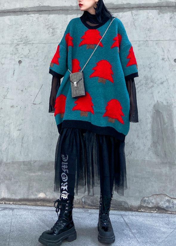 Blue Green Sweater Weather Patchwork Tulle Daily Sweater Dress