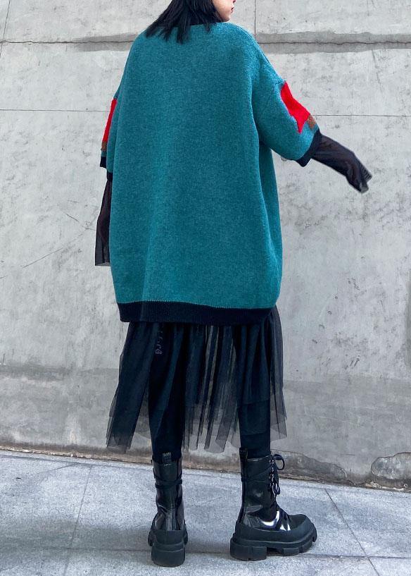 Blue Green Sweater Weather Patchwork Tulle Daily Sweater Dress