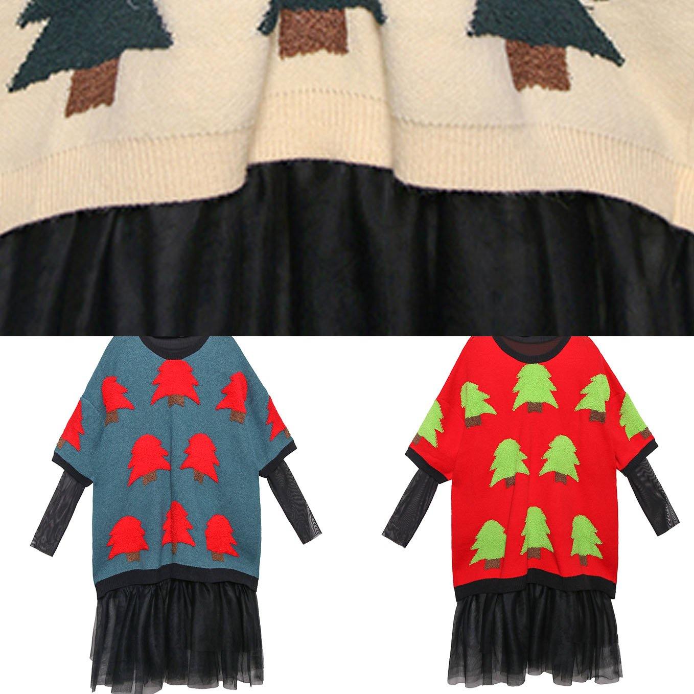 Blue Green Sweater Weather Patchwork Tulle Daily Sweater Dress