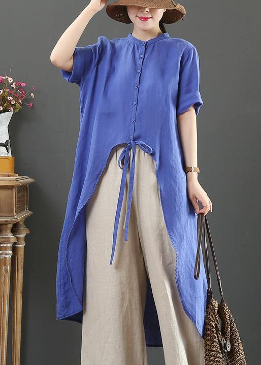 Blue Linen Clothes Stand Collar Asymmetric Knee Blouses