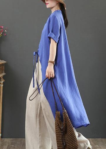 Blue Linen Clothes Stand Collar Asymmetric Knee Blouses