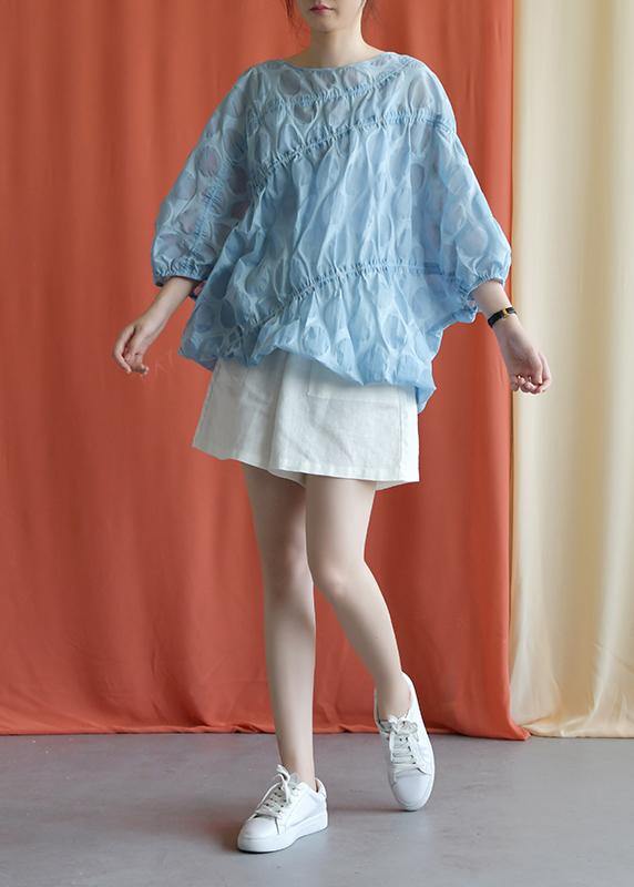 Women blue linen shirts women Batwing Sleeve cotton fall shirts