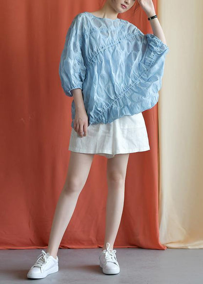Women blue linen shirts women Batwing Sleeve cotton fall shirts