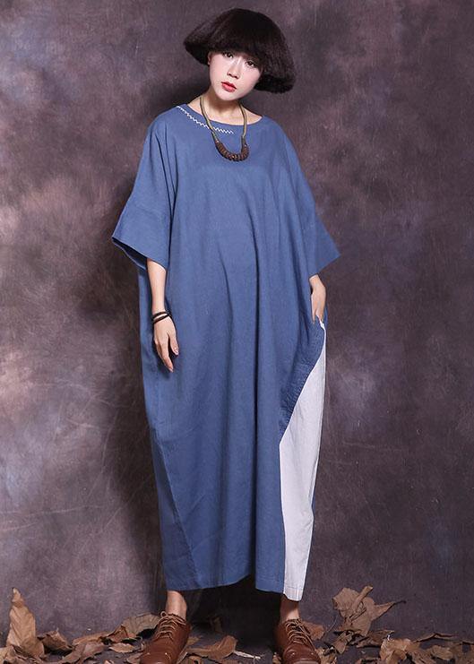 Blue O Neck Cotton Clothes Half Sleeve a Line Summer Dresses