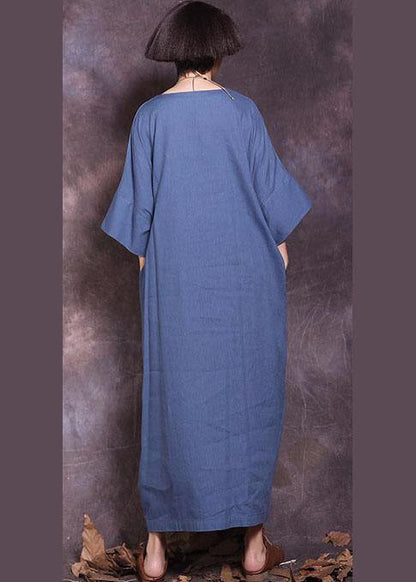 Blue O Neck Cotton Clothes Half Sleeve a Line Summer Dresses