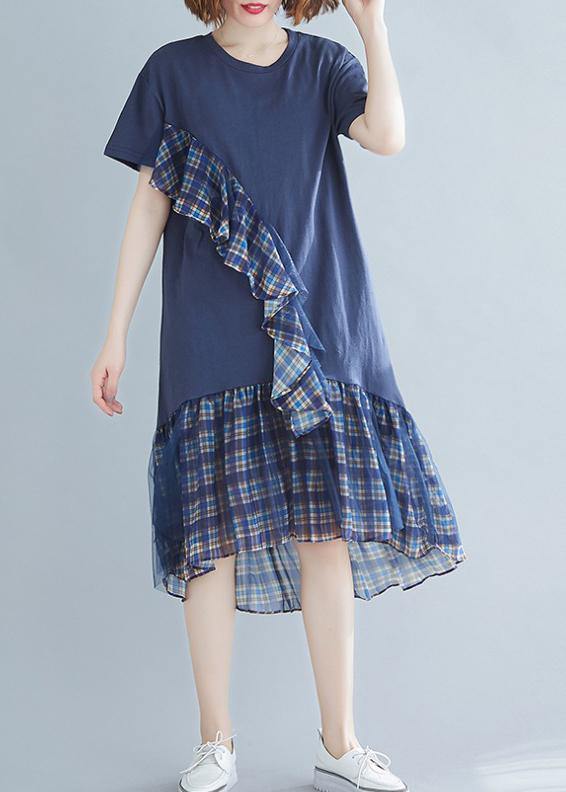 Blue Plaid Cotton Tunic O Neck Patchwork Tulle Daily Dresses