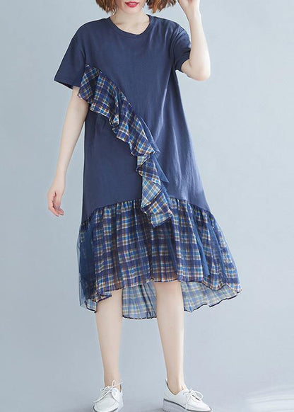 Blue Plaid Cotton Tunic O Neck Patchwork Tulle Daily Dresses
