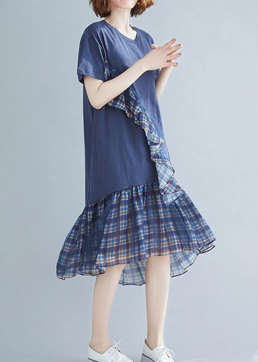 Blue Plaid Cotton Tunic O Neck Patchwork Tulle Daily Dresses