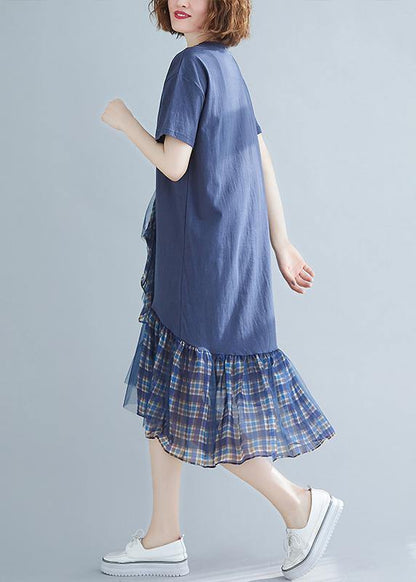 Blue Plaid Cotton Tunic O Neck Patchwork Tulle Daily Dresses