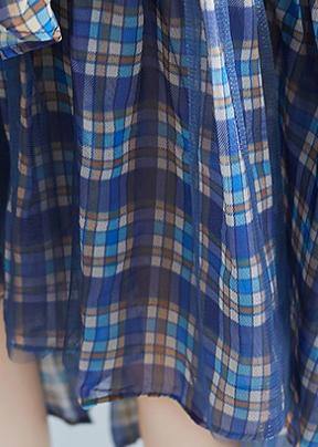 Blue Plaid Cotton Tunic O Neck Patchwork Tulle Daily Dresses