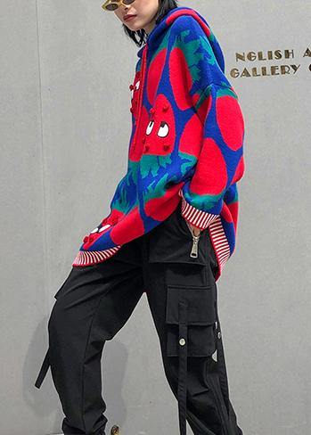 Blue Print Blouse Knit Tops Hooded Drawstring Tops