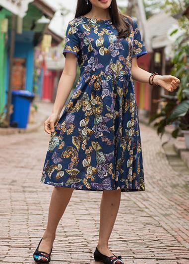 Blue Print Cotton Clothes O Neck Cinched Clothing Summer Dress
