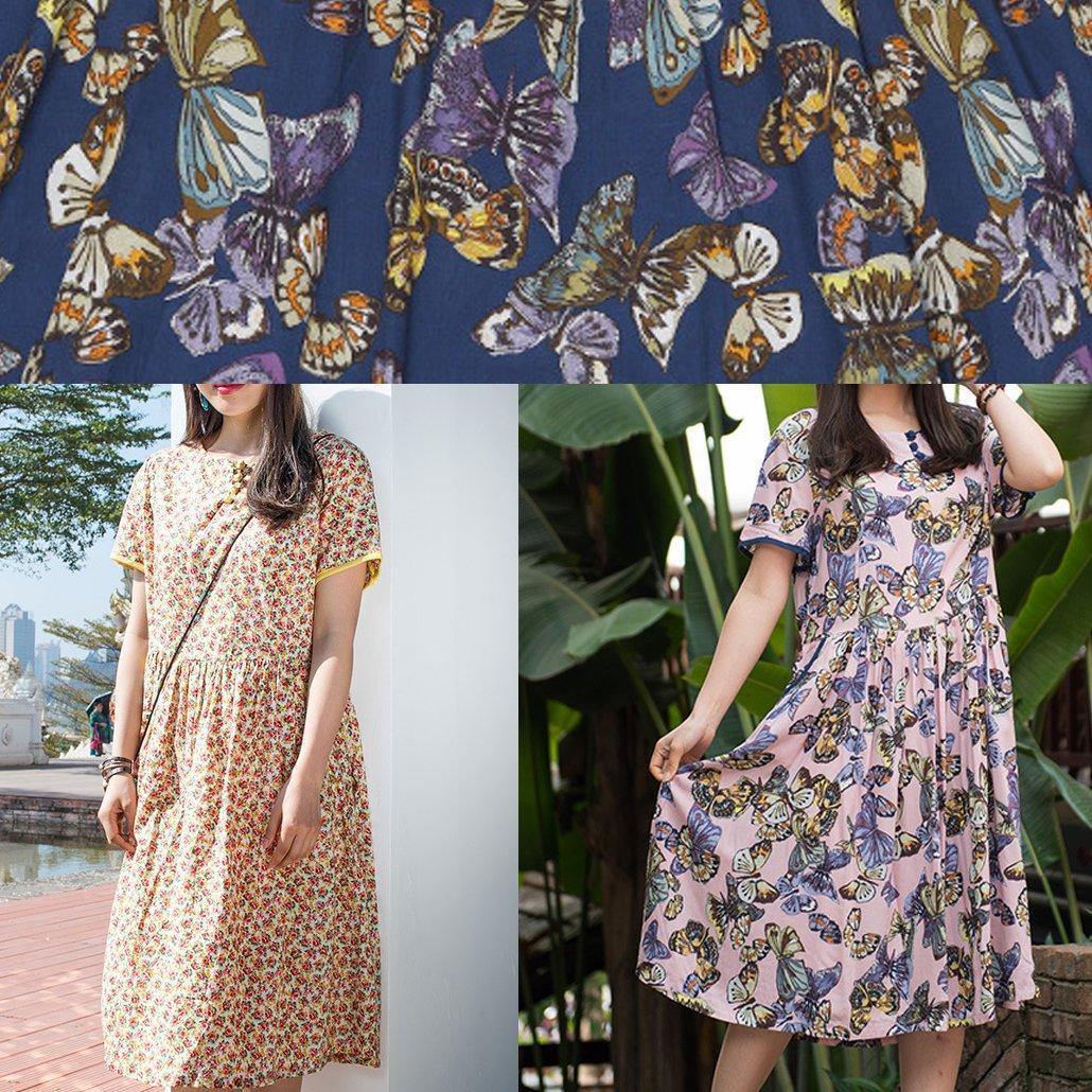 Blue Print Cotton Clothes O Neck Cinched Clothing Summer Dress