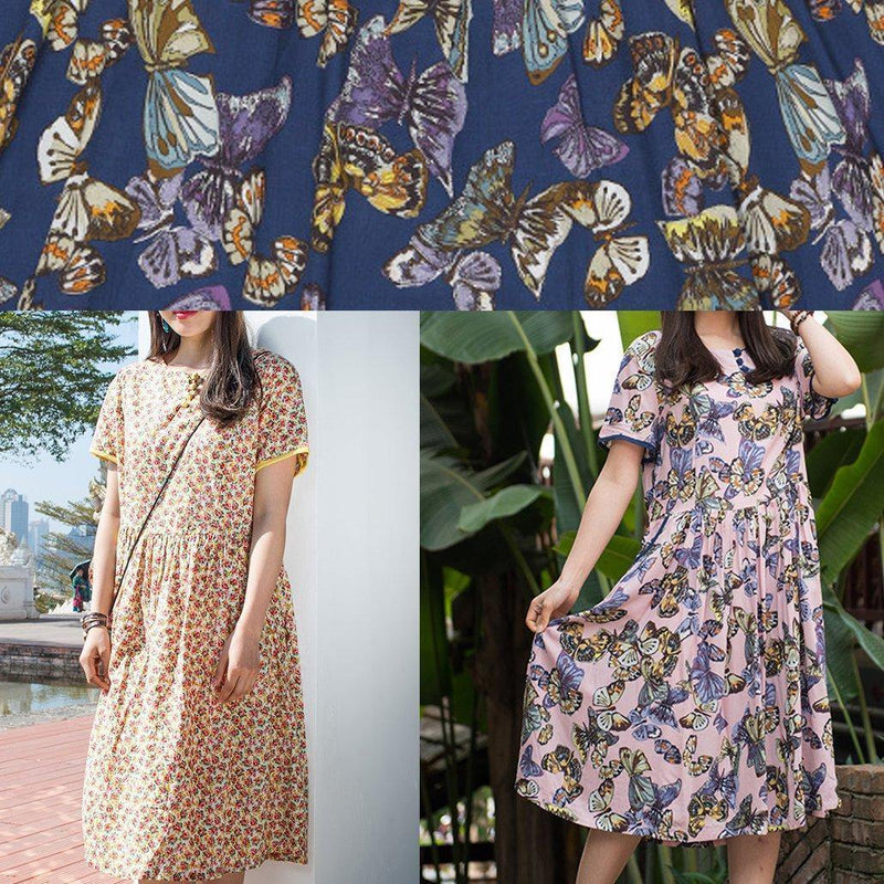 Blue Print Cotton Clothes O Neck Cinched Clothing Summer Dress