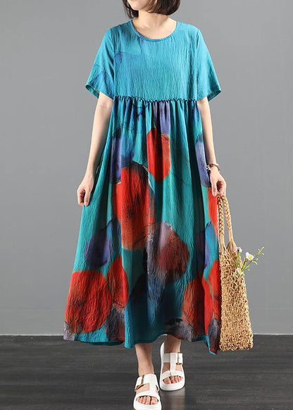 Blue Print Cotton Dress O Neck Extra Large Hem Robes Summer Dresses